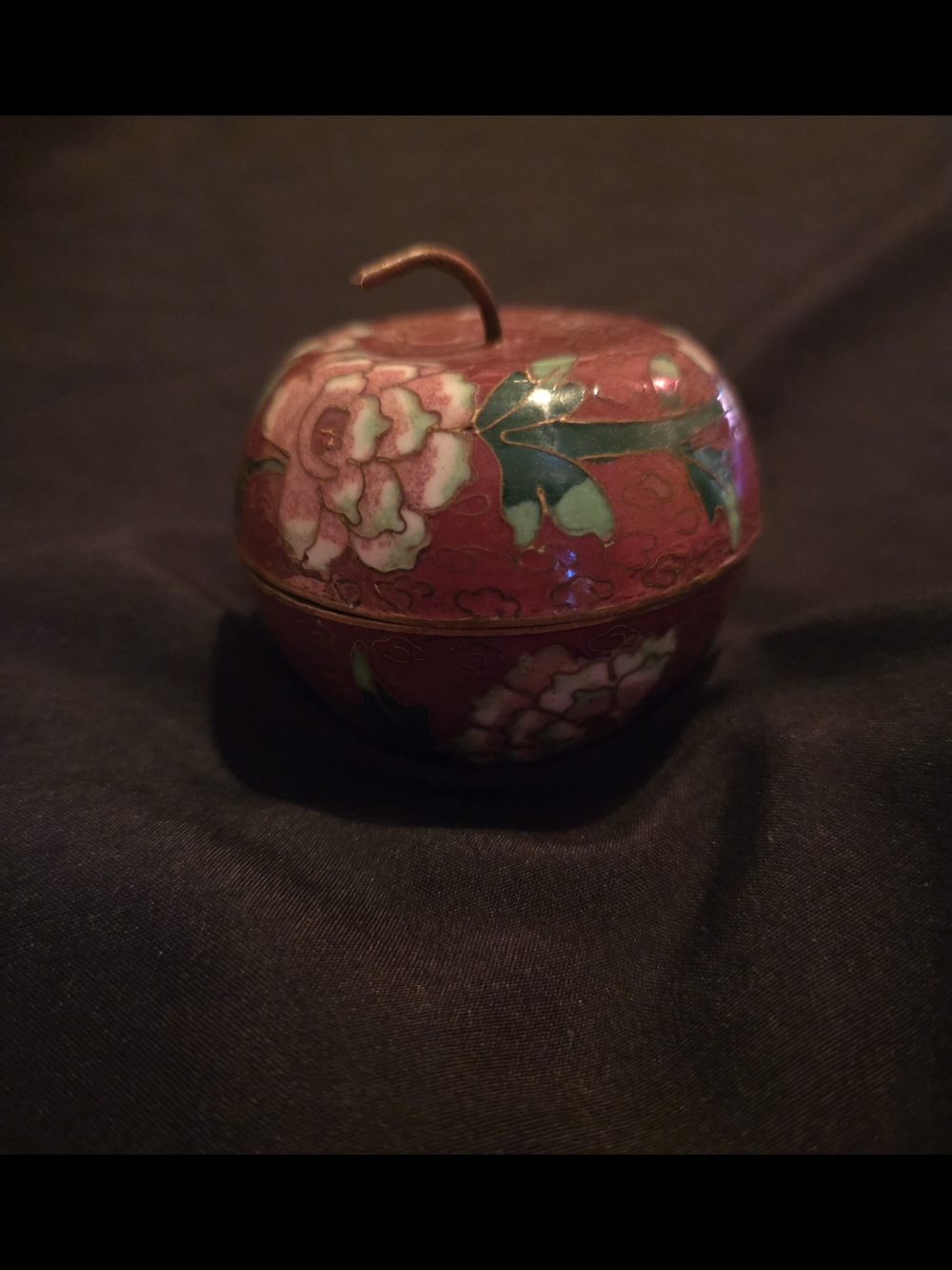 Vintage Chinese Cloisonné Apple Trinket Box - Red Floral Enamel & Brass